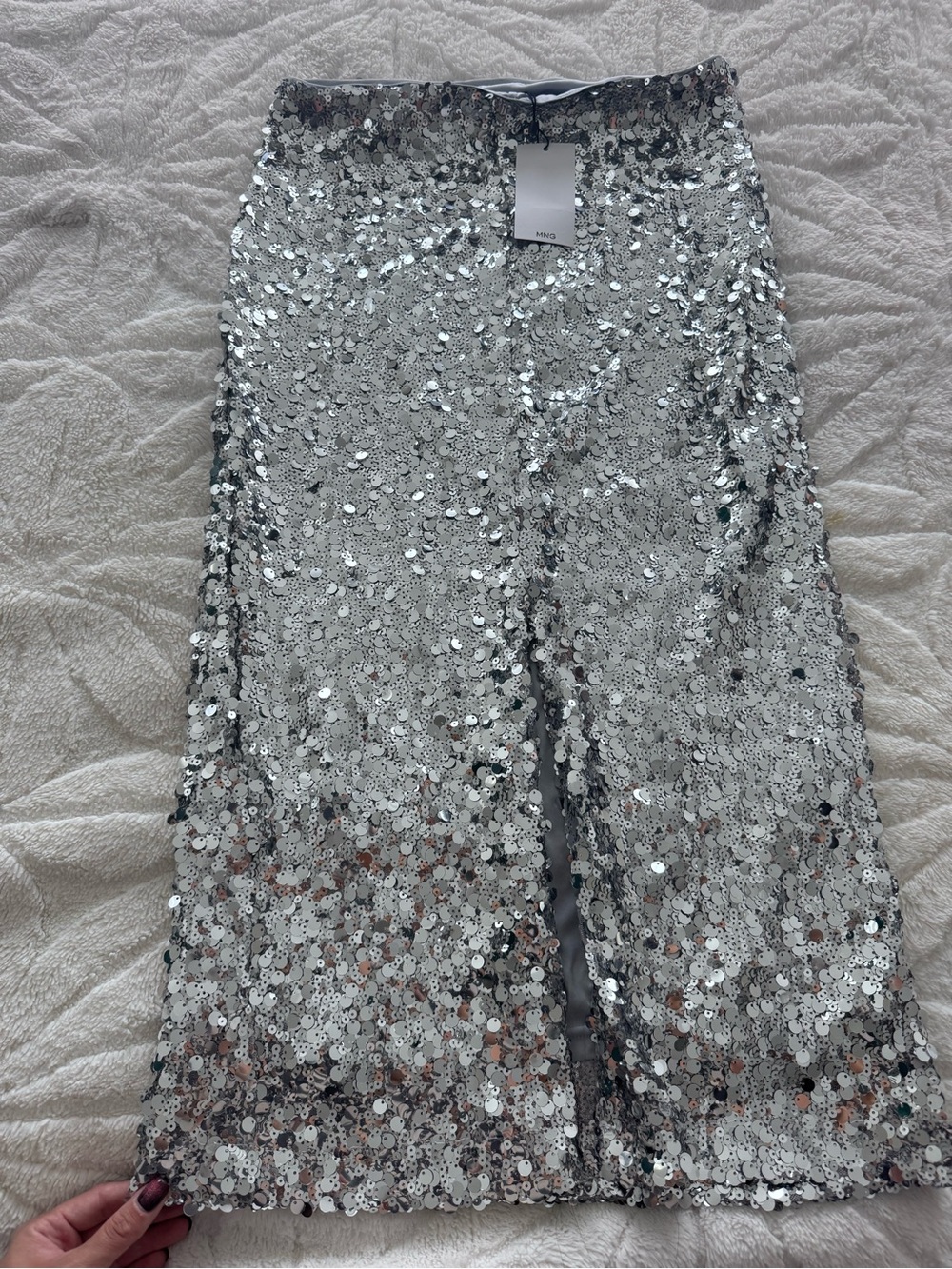 Mango Silver Sequin Midi Skirt with Front Slit